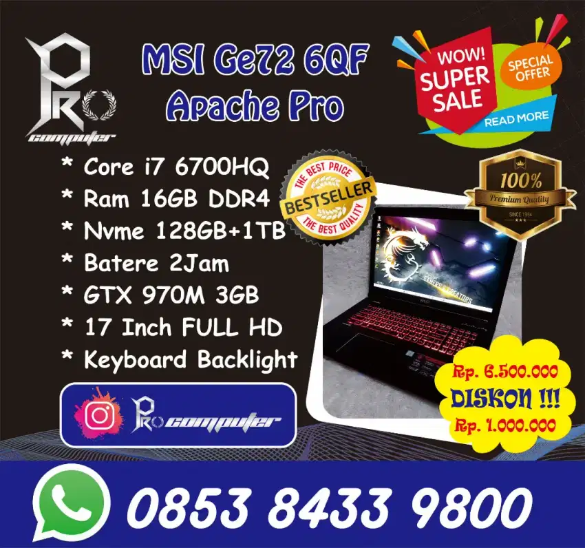 MSI GE72 6QF Apache Pro Gaming Render Prokomputer