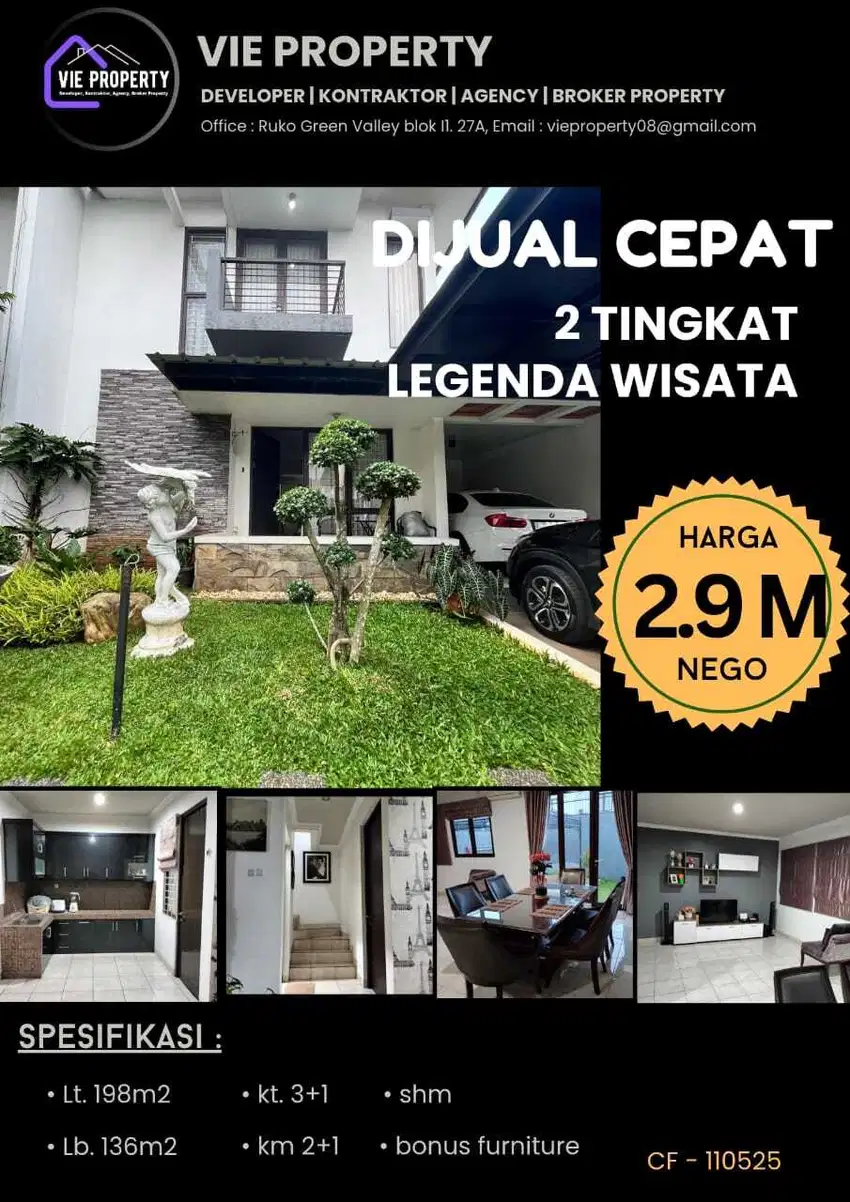 Jual Rumah Cantik Siap Huni Bonus Furnish. Legenda Wisata Cibubur.