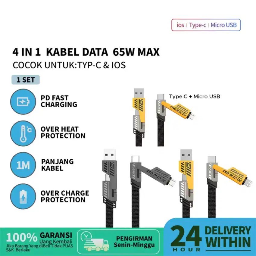 Kabel Data 4 in 1 Fast Charging 65W – Type C, Micro USB, iOS