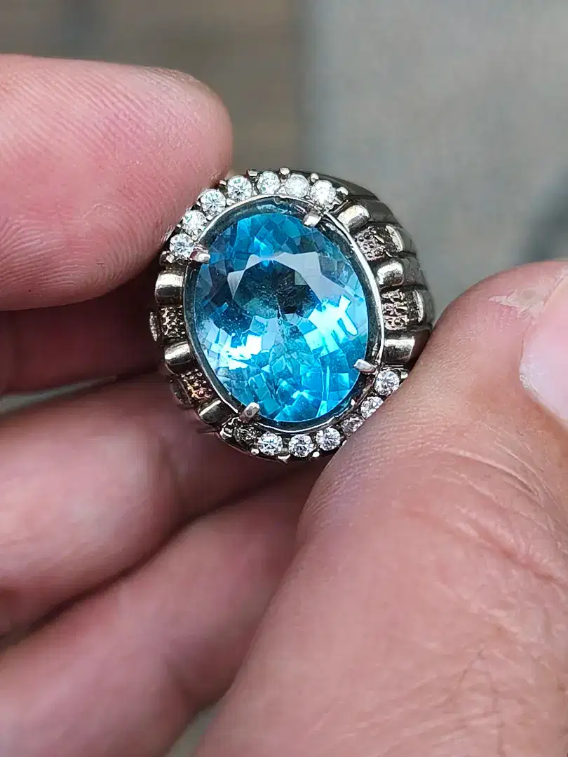 Batu blue topaz Swiss 9.46 carat memo MRI ring perak top kristal