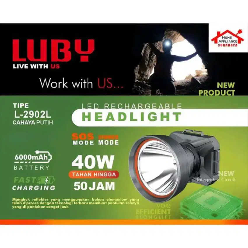 Senter Kepala Merk Luby LED Cas 20W,40W,60W 9000mAh Tahan 50Jam