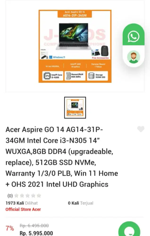 Leptop Acer Aspire Go 14 AG14-31P 34GM intel core i3
