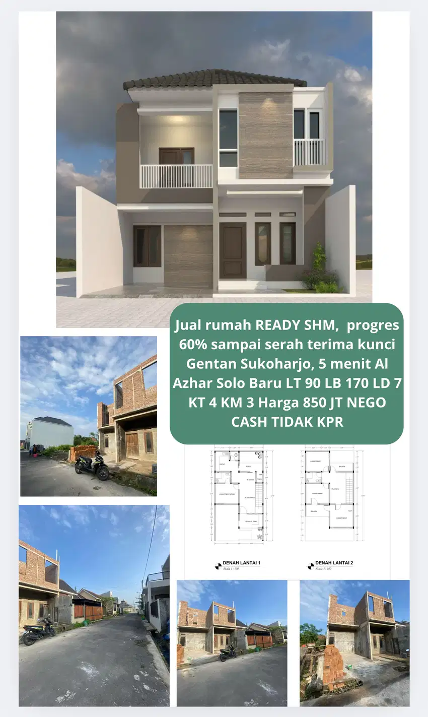 JUAL RUMAH GENTAN SUKOHARJO DUA LANTAI LUAS TANAH 90 HARGA 850 JT NEGO