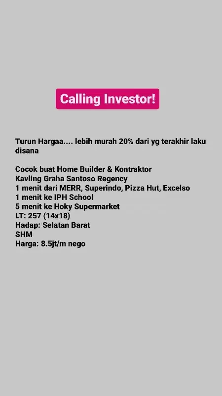 DIJUAL MURAH TANAH KAVLING GRAHA SANTOSO REGENCY