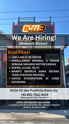 LOKER MEKANIK! CVM3 MOTOSHOP KATAPANG (MEKANIK VARIASI MOTOR)
