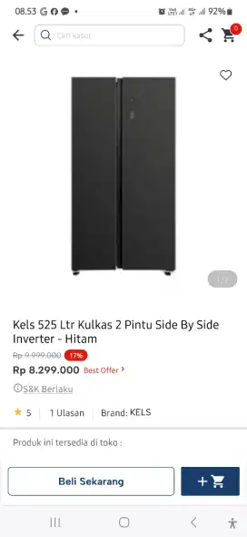 Kulkas kels side by side kapasitas 525L