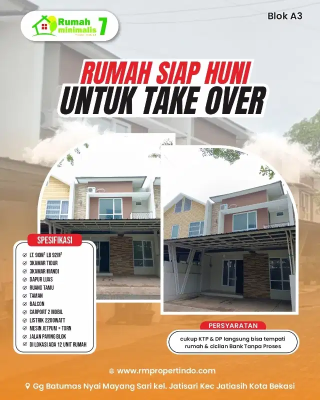 Rumah Tanpa Bi Cheking,Take Over,TO murah,Kota Bekasi, Anti Banjir,