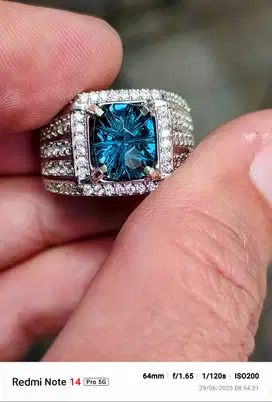 Cincin batu blue topaz London 3.57 carat ring perak memo MRI