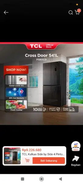 Kulkas TCL P580CD Side by Side Black Glass Door ( 4Doors/ 541L )