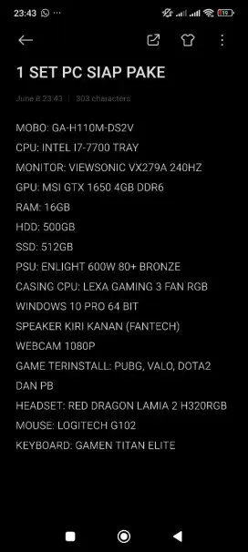 Komputer Gaming Satu Set Siap Pakai