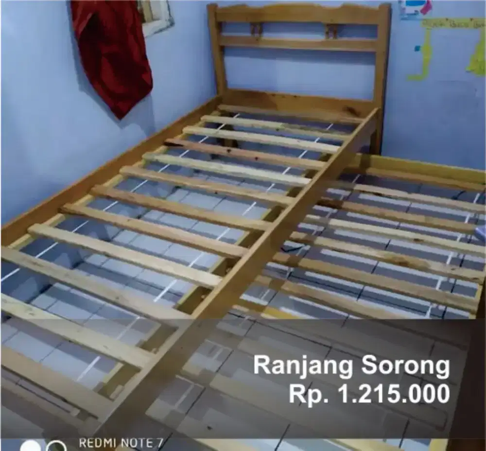 Ranjang tempat tidur single, sorong & susun bahan kayu ramin oven