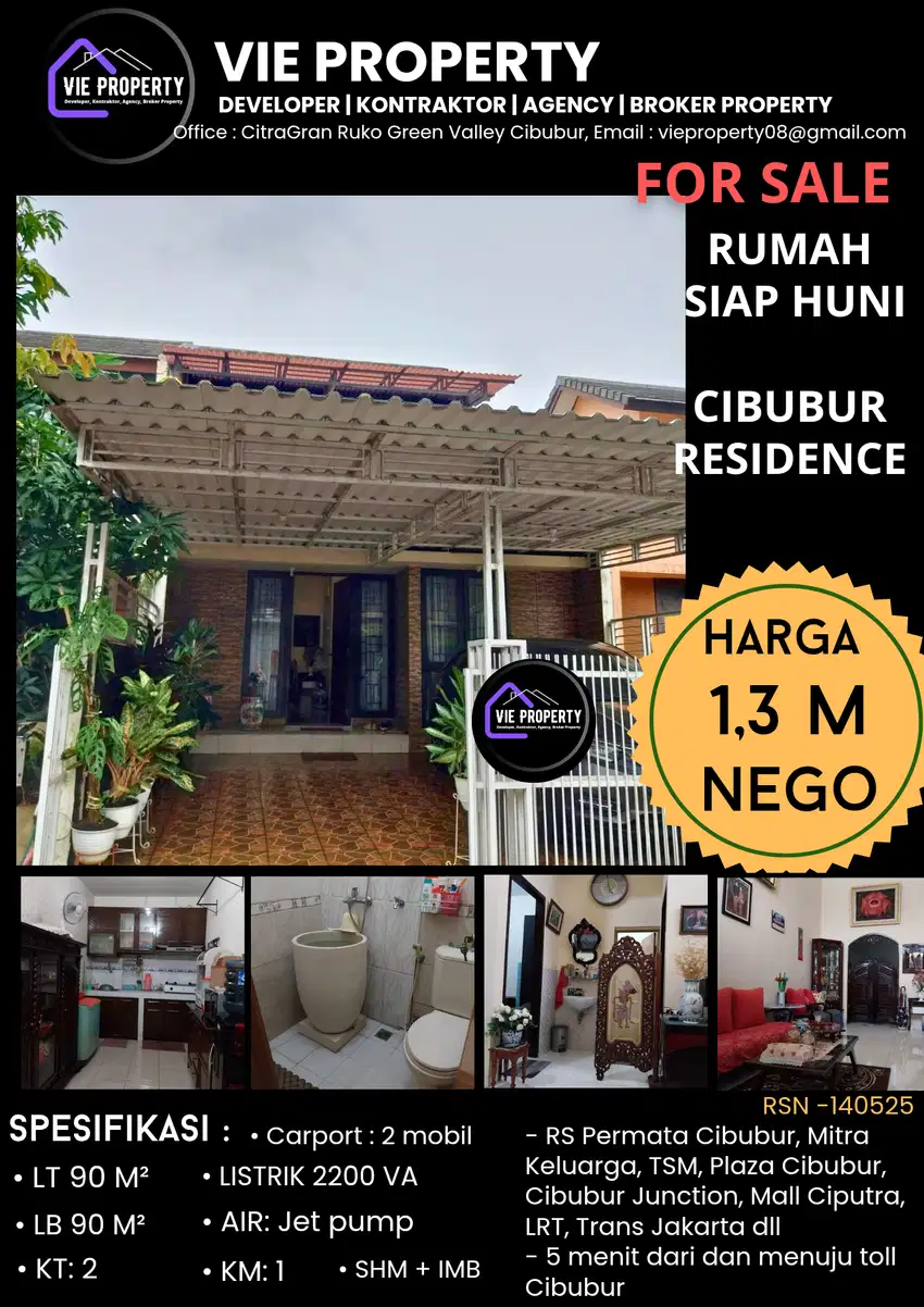 JUAL BUTUH, HARUS SEGERA LAKU  Rumah siap huni di  Cibubur Residence