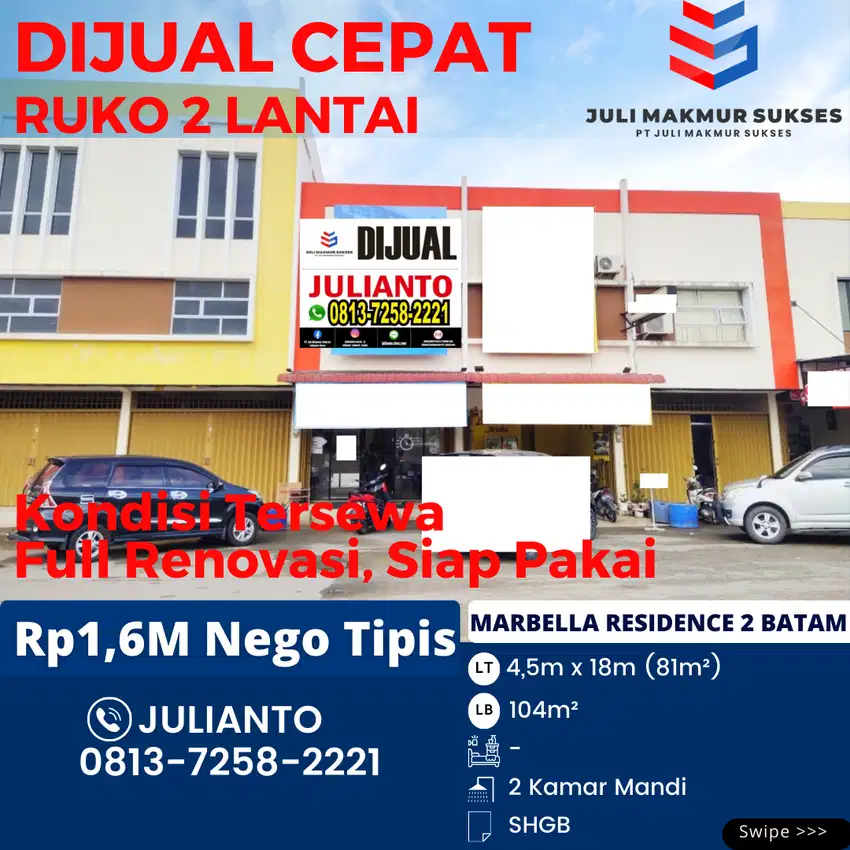 Dijual CEPAT Ruko 2 Lantai Full Renov di Marbella Residence 2 Batam