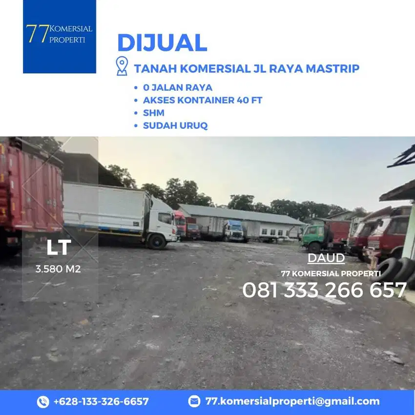 Murah Pol 5,5 jt SHM Dijual Tanah Komersial di Jalan Raya Mastrip