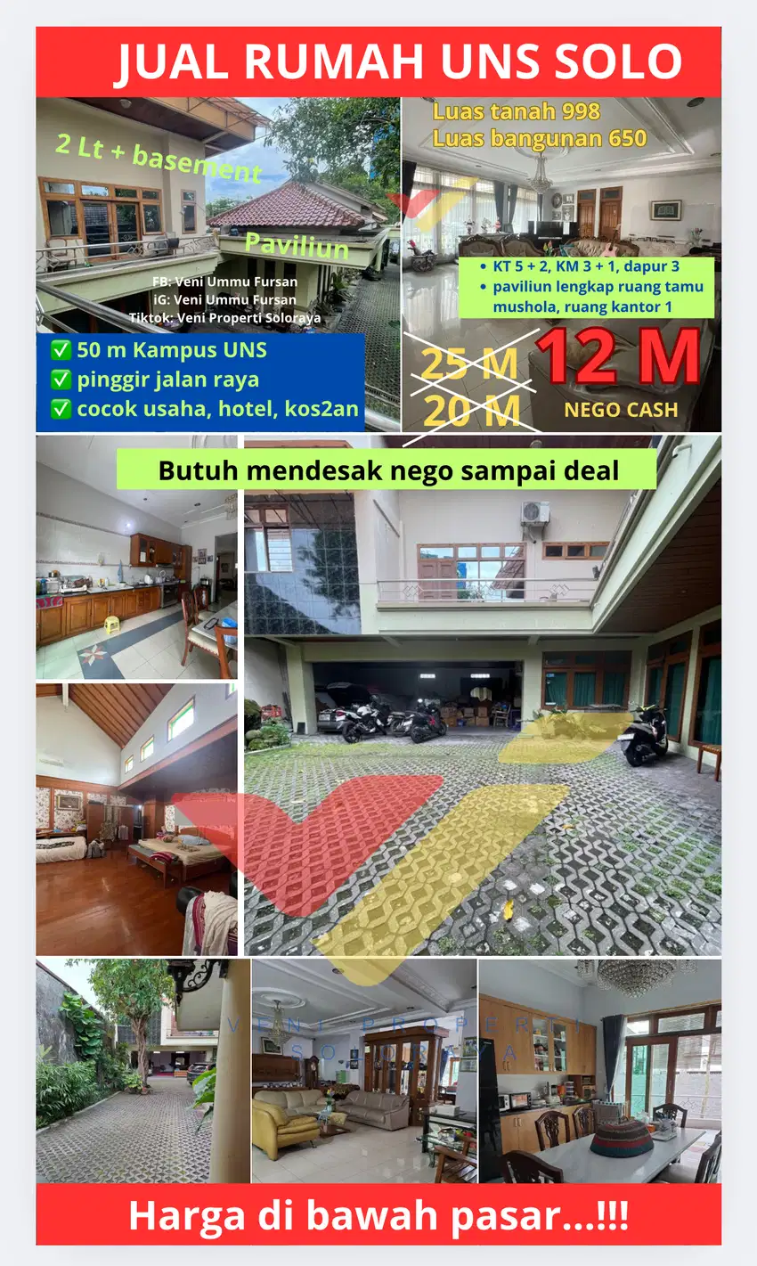 JUAL RUMAH AREA UNS LUAS TANAH 998 HARGA 12 M NEGO CASH
