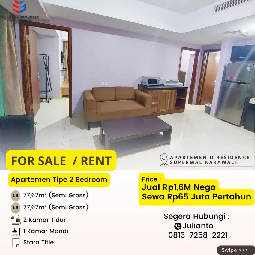 Dijual Apartemen 2BR Full Furnished di U Residence Supermal Karawaci