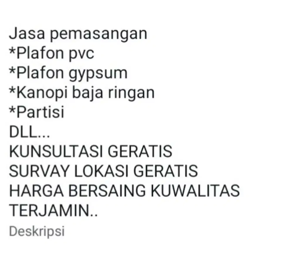 Jasa pemasangan,,*plafon pvc*plafon gipsum dll