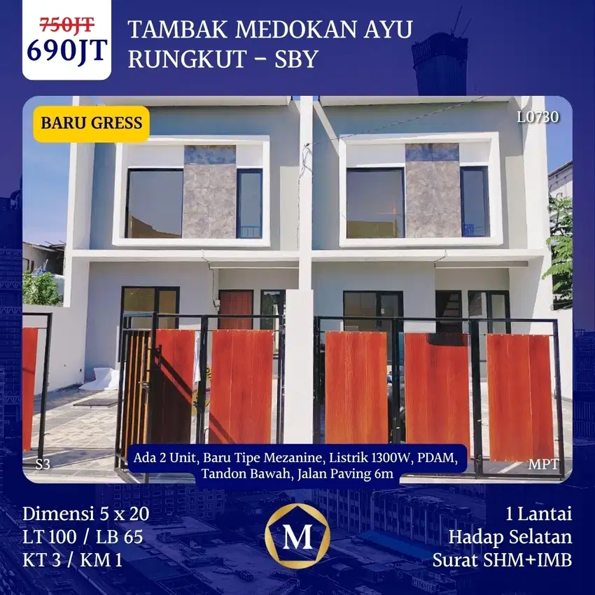 Rumah Tambak Medokan Ayu Rungkut Wonorejo Purimas Pandugo Gress SHM