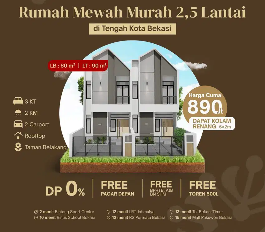 Townhouse Bekasi 900 jutaan kolam renang pagar dekat stasiun tol mall