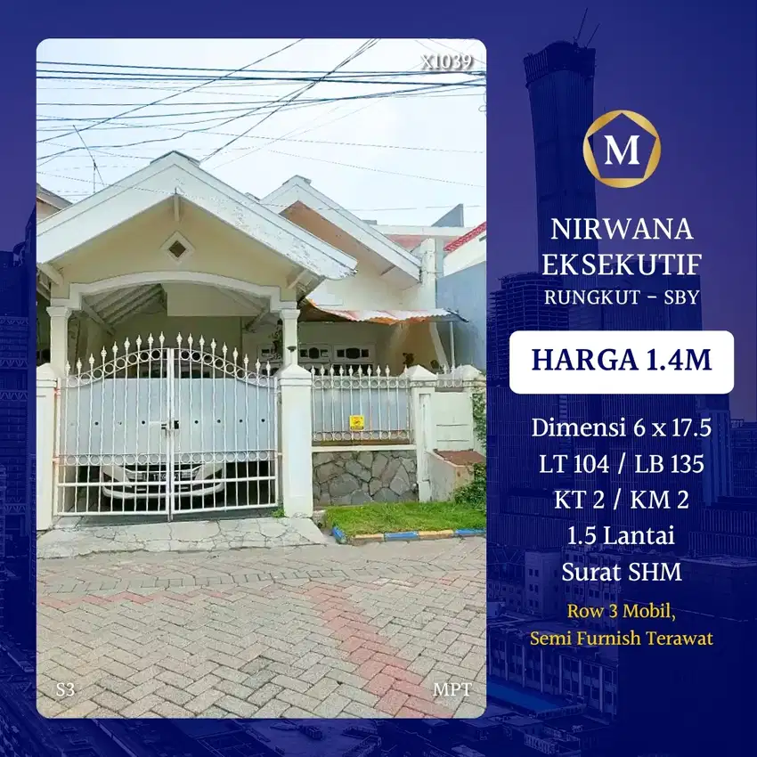 Rumah Nirwana Eksekutif Wonorejo Rungkut dkt Stikom Kedung Baruk MERR