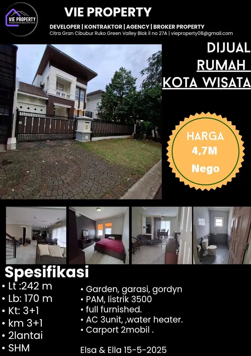 Dijual rumah cantik siap huni di kota wisata cibubur