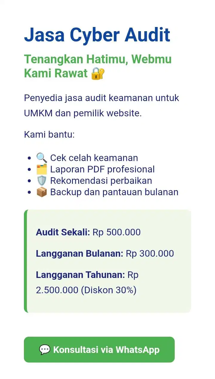 Jasa Audit Keamanan Web UMKM | Cek Bug, Backup, Rekomendasi Fix