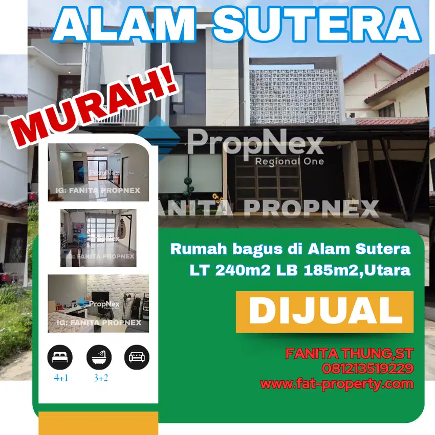 Dijual rumah bagus di Alam Sutera LT240m2 LB185m2,Utara,4BR+1