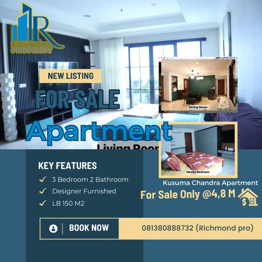 Jual apartemen 3 BR 150 m2 di SCBD Kusuma Chandra Furnished Luxury !