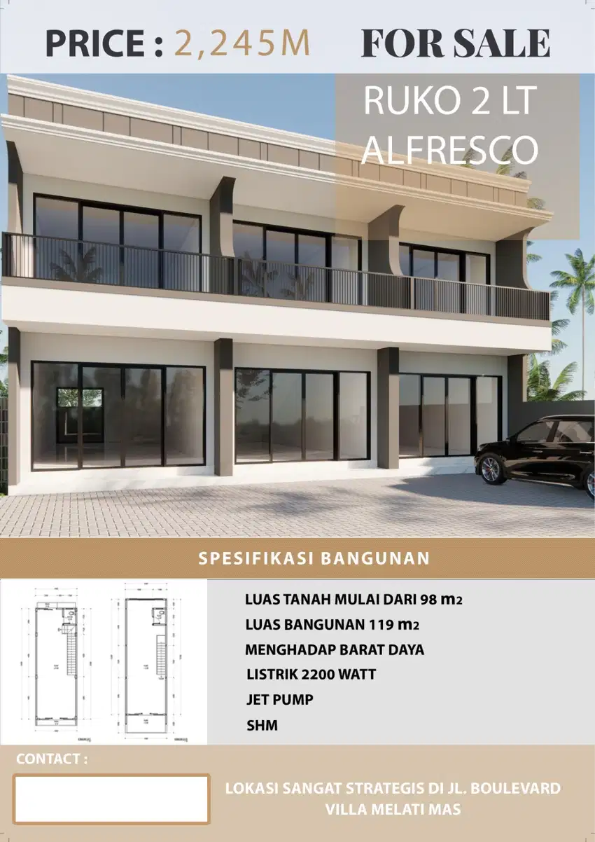 Dijual ruko baru 2 lt di Boulevard Villa Melati Mas