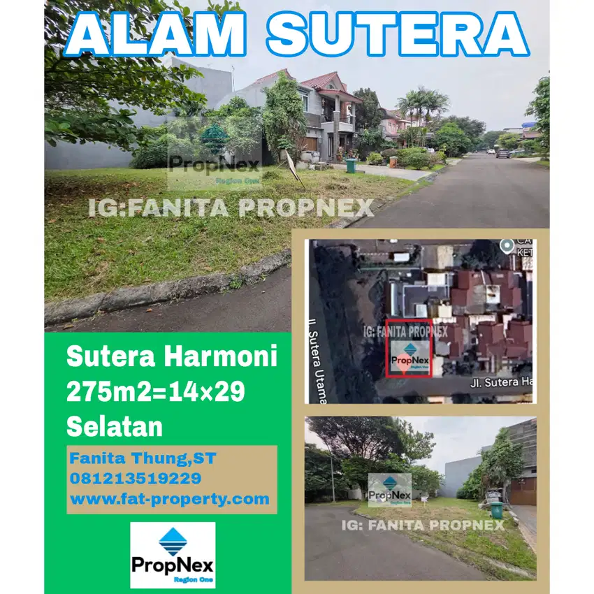 Dijual kavling di Sutera Harmoni,Alam Sutera 275m2,Selatan