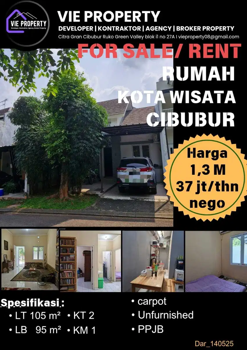 Di Sewakan Rumah Unfurnish Cluster Favorite. Kota Wisata Cibubur.