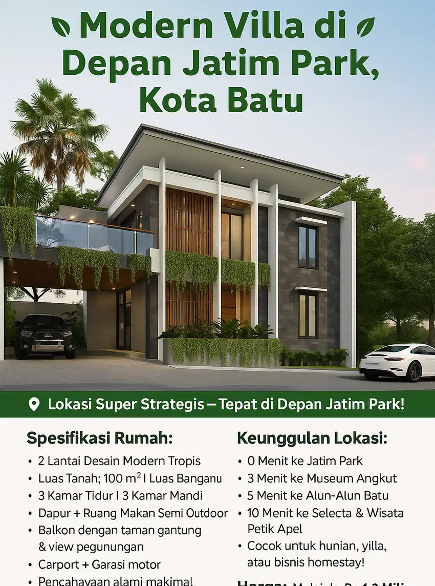 Dijual rumah Villa akses mobil depan BNS kota batu