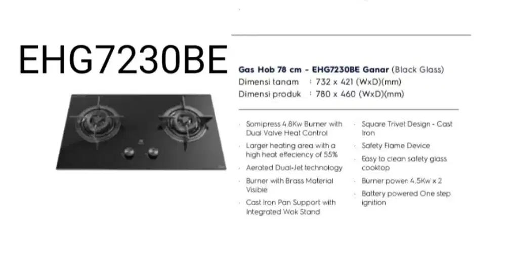 Kompor Tanam Gas Electrolux 2 Tungku EHG7230BE