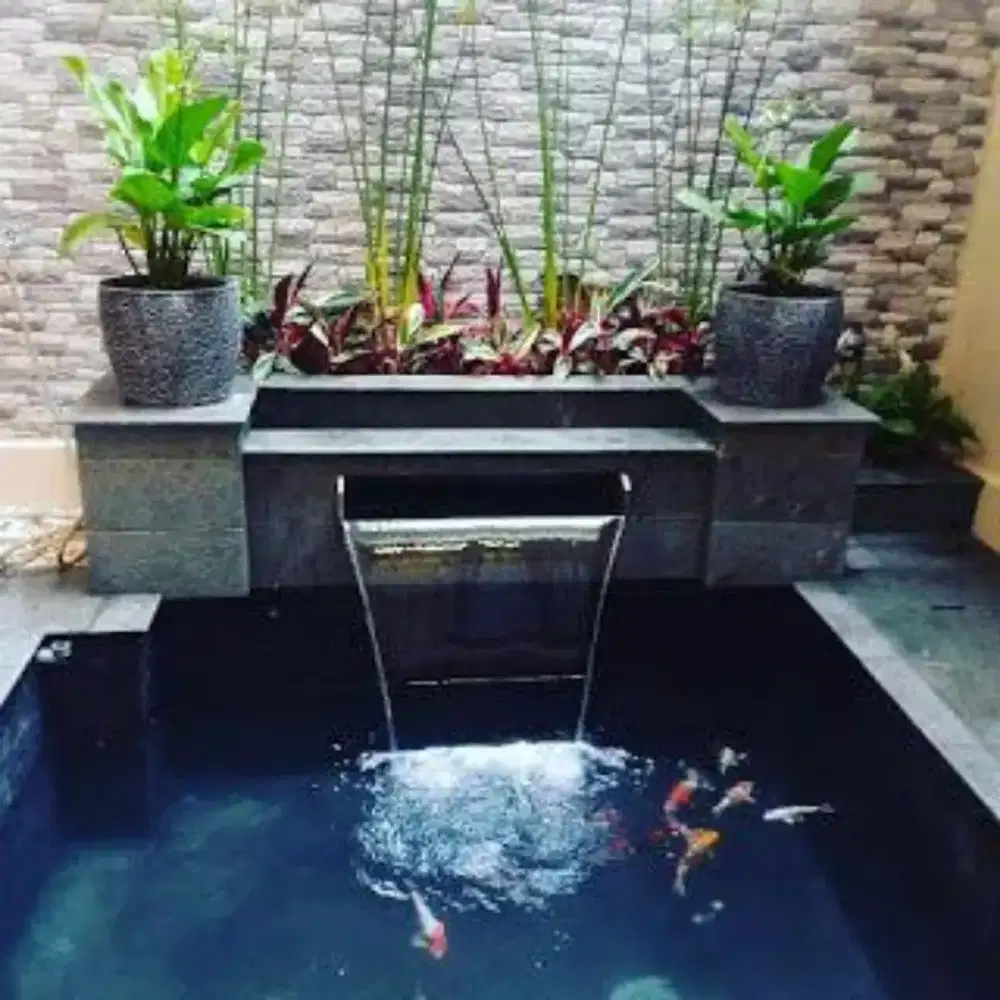 Jasa pembuatan kolam ikan koi minimalis kaca dan taman