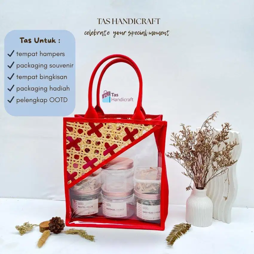 Tas Souvenir Mika Kombinasi Anyaman Bambu | Tas Hampers Special Imlek