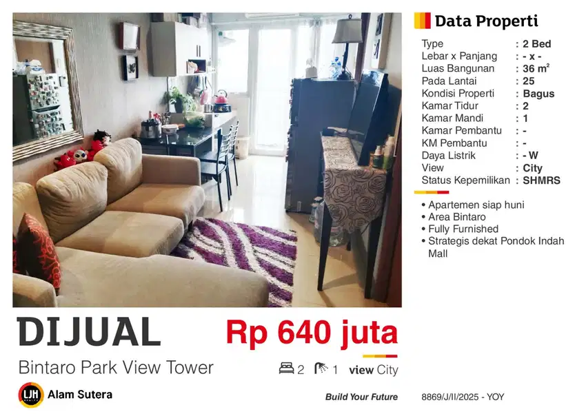 Dijual Apartemen 2BR Full Furnished  SHMSRS Murah di Bintaro