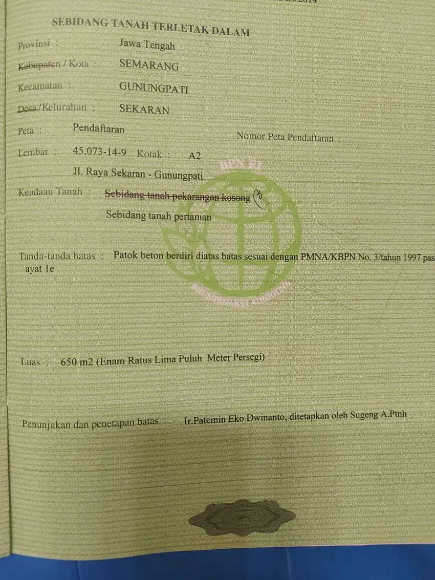 Di jual Tanah Nempel jln Raya Sekaran Unnes  Gunungpati