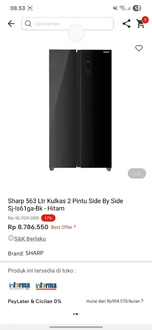 Ready stok kulkas sharp side by side