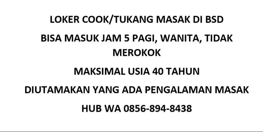 LOKER COOK/TUKANG MASAK AREA BSD