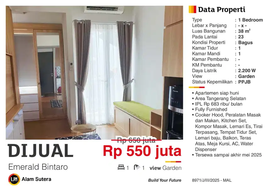 Dijual Apartemen 1BR Full Furnished Murah Emerald Bintaro TangSel