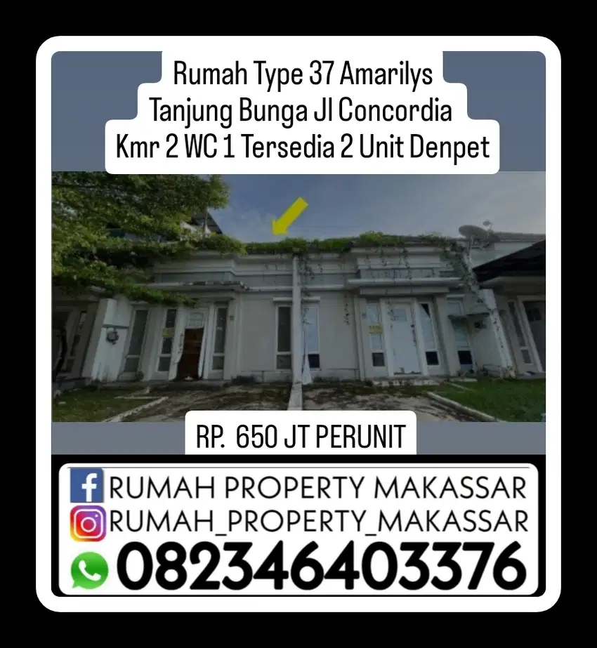 Rmh Type 37 Amarilys Tanjung Bunga jl Concordia Kamar 2 WC 1 ada 2