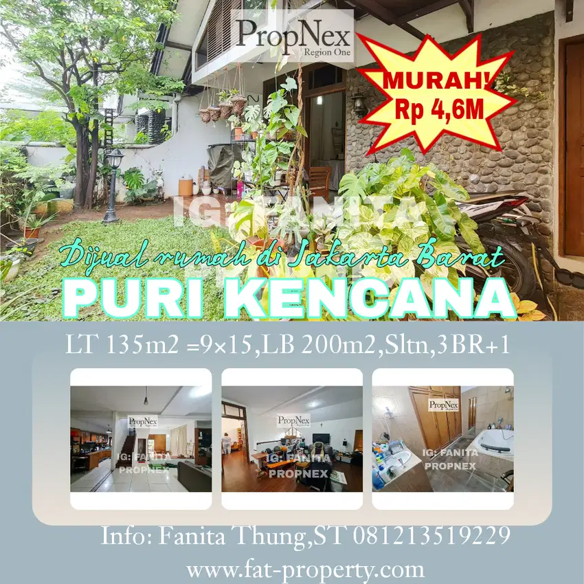 Murah Dijual rumah asri di Puri Kencana,JakBar LT 135m2 LB 200m2,Sltn,