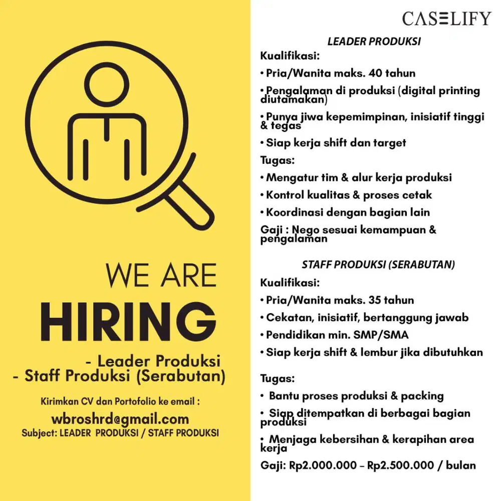 Lowongan Leader & Staff Produksi (Serabutan)