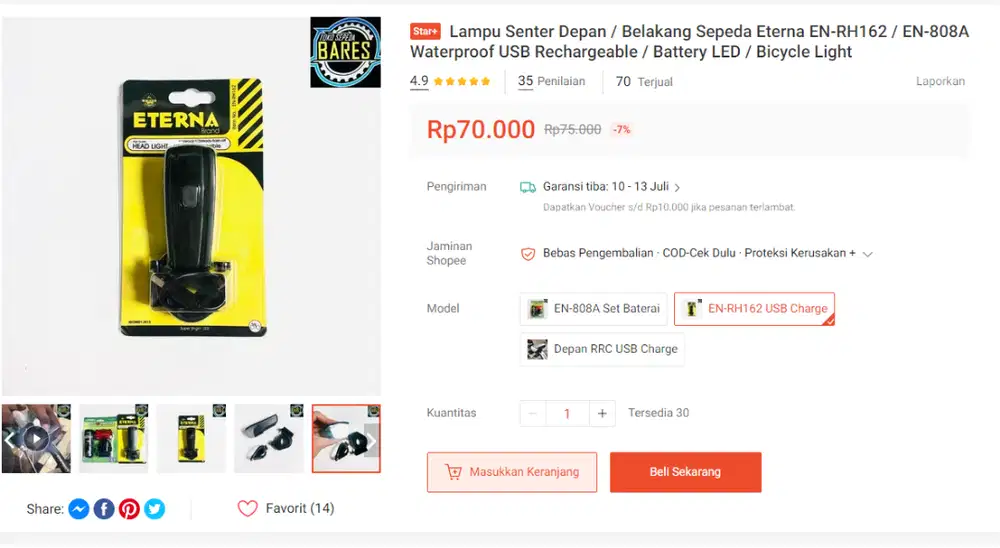Lampu sepeda charger merk eterna nyala terang baru.