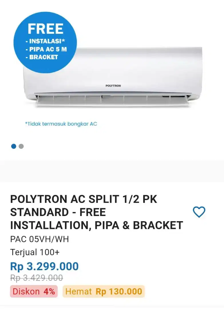 Polytron AC split 1/3 PK standar - free installation, pipa & bracket