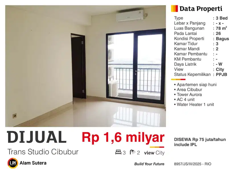 Dijual Apartemen 3BR Semi Furnish Dekat Mall di Transpark Cibubur