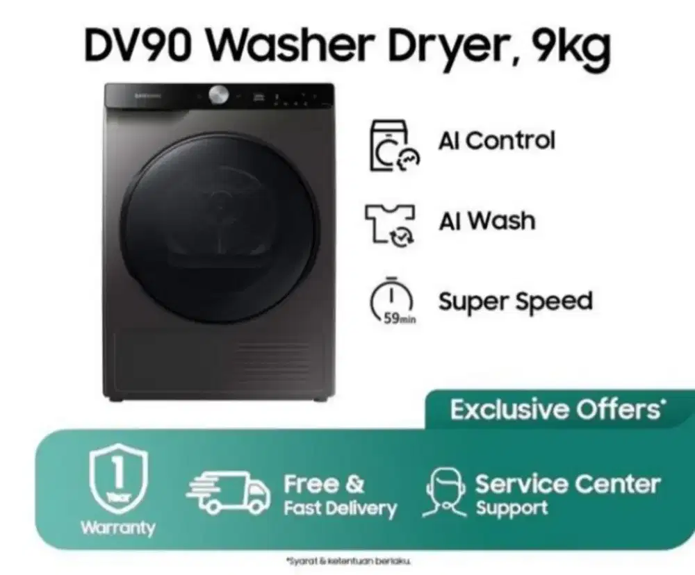 Samsung Dryer 9Kg dengan Super Speed, Hygiene Care - DV90T7240BX/SE