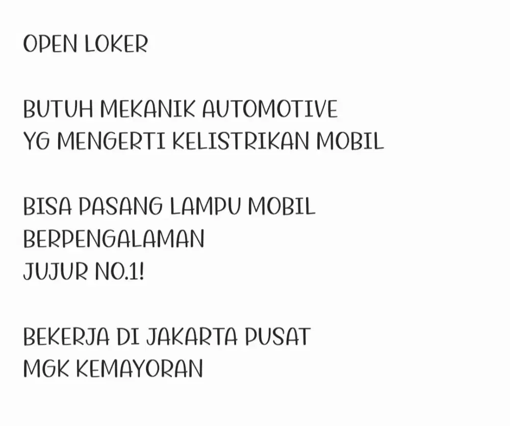 LOKER MEKANIK MOBIL OTOMOTIF