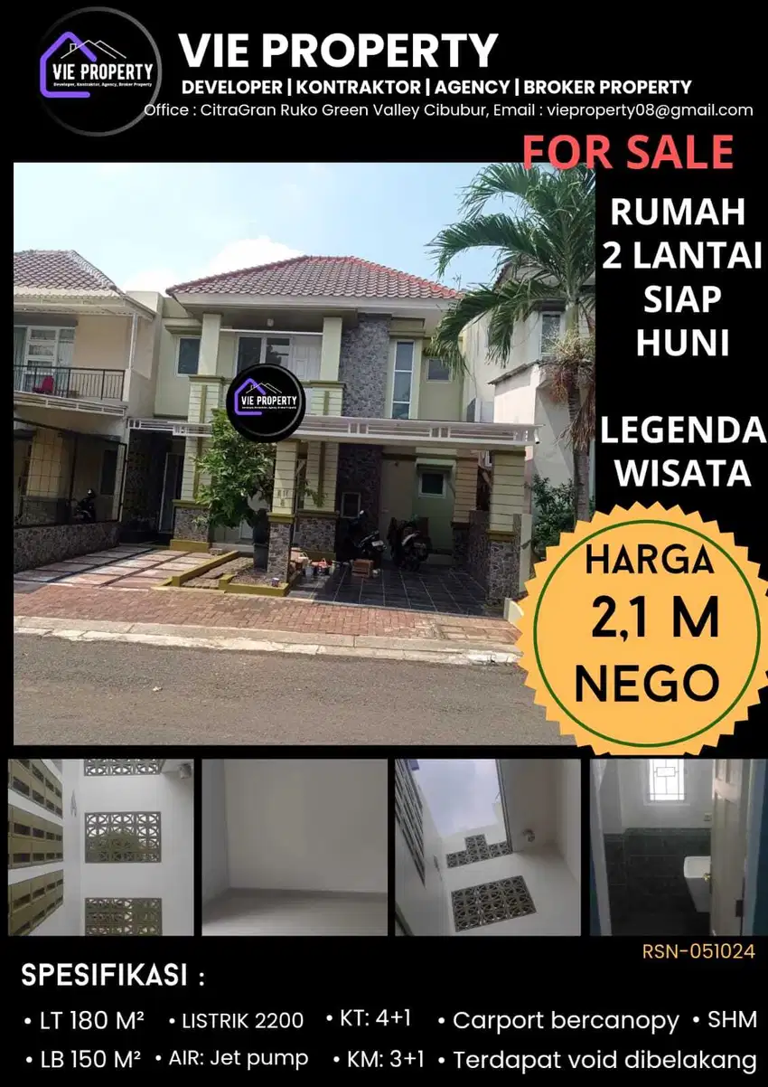 Jual Rumah Cantik Siap Huni Cluster Favorite. Legenda Wisata Cibubur.