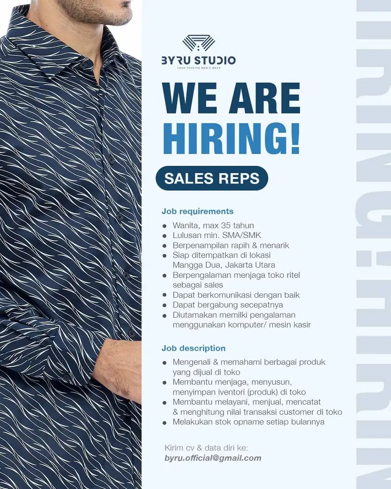 URGENT Dicari SPG Toko Ritel Baju Pria di JKT, Mangga Dua Max 35th